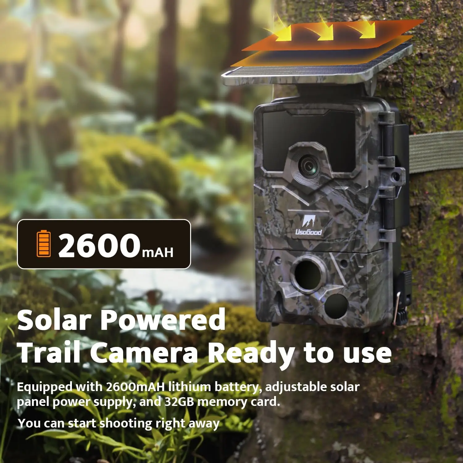 4K 48MP Solar Trail Camera with Night Vision, Motion-Activated Waterproof Hunting Camera, Built-in Battery, 32GB Memory Card