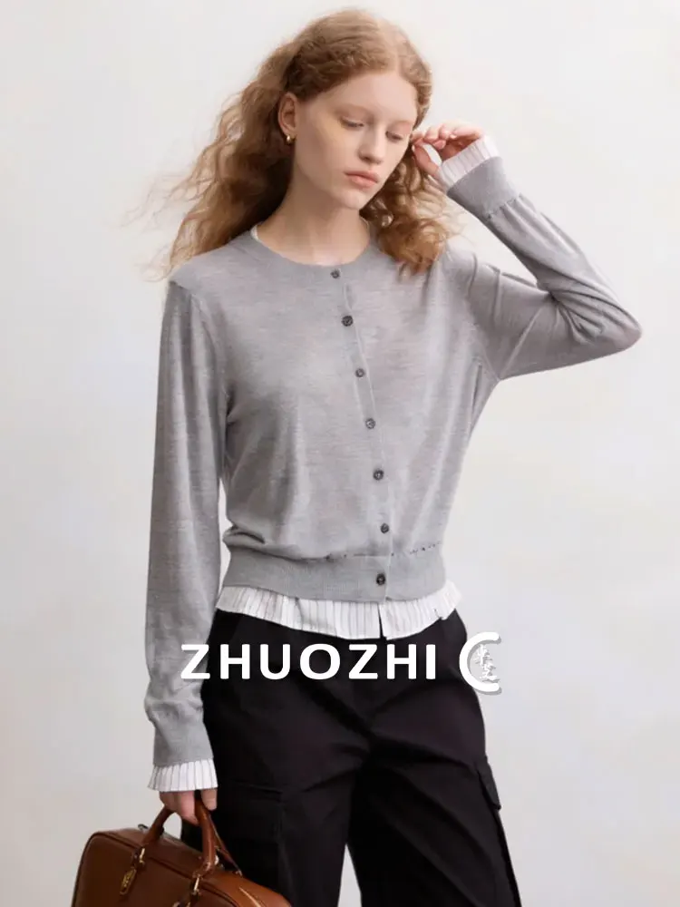 

Повседневная футболка Zhuo Chi с круглым вырезом, сшитая из разных тканей, на одной пуговице, весенняя новинка, французский стиль, приталенный крой, однотонная, дышащая