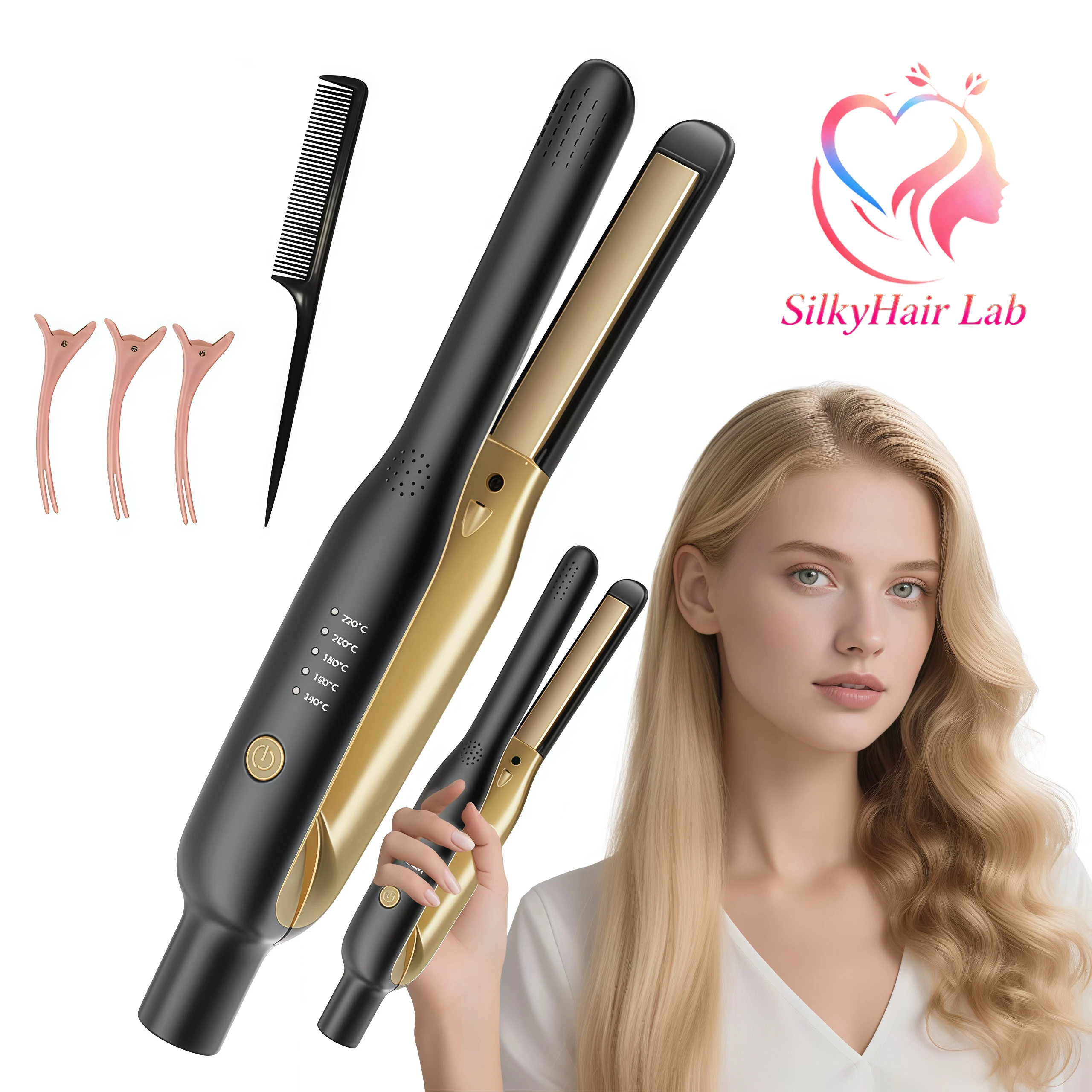 2-in-1 Mini Hair Straightener & Curler - Ceramic Fast Heating 140-220°C - Portable Flat Iron for Short Hair Travel Styling