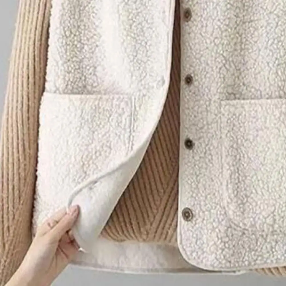 Manmade Lamb Wool Cropped Vests Autumn Korean Women Sleeveless Fleece Button Loose Waistcoats