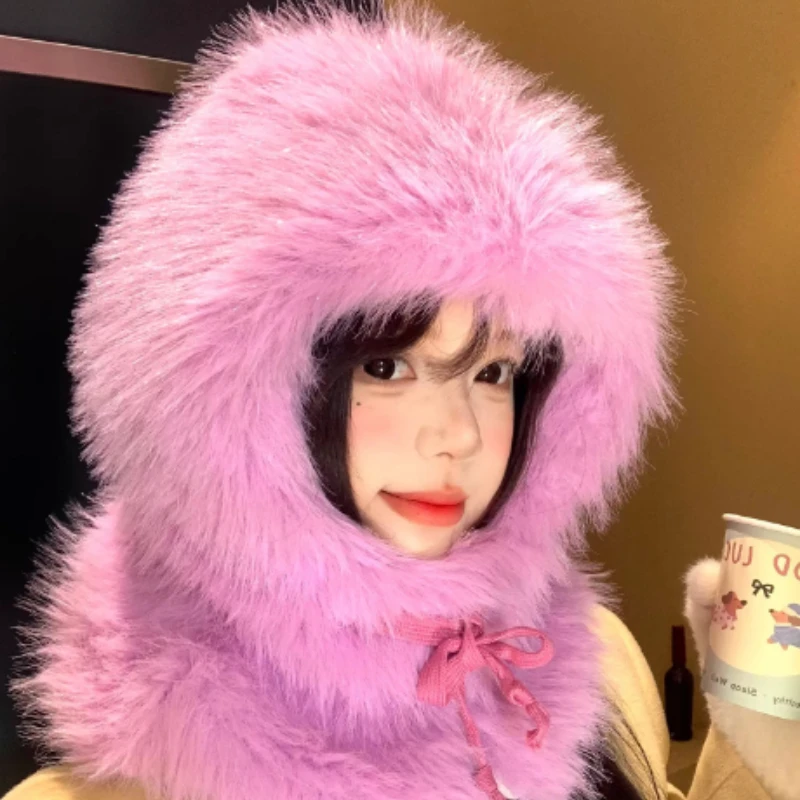 Korean Imitation Mink Fur Solid Color Balaclava Cap Women Winter Outdoor Cycling Thickened and Warm Neck Snood One Bomber Hats