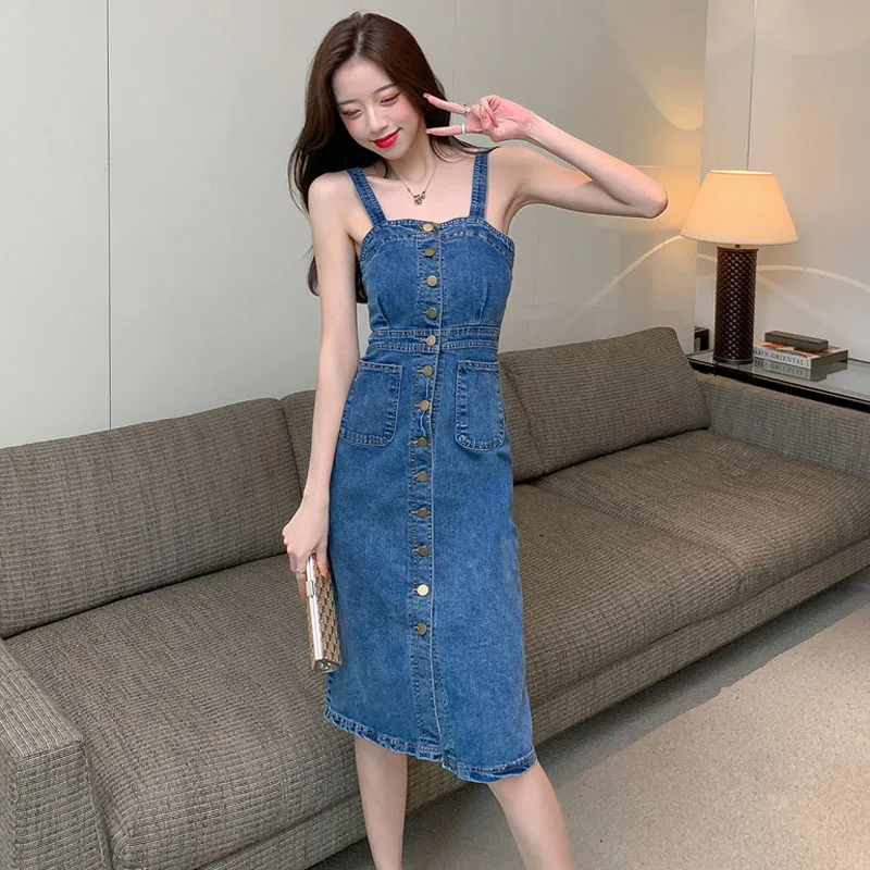 Women Vintage Elegant Fashion Single-breasted Denim Slim Package Hip Dresses 2025 New Summer Sexy Sling Bodycon Dress Vestidos