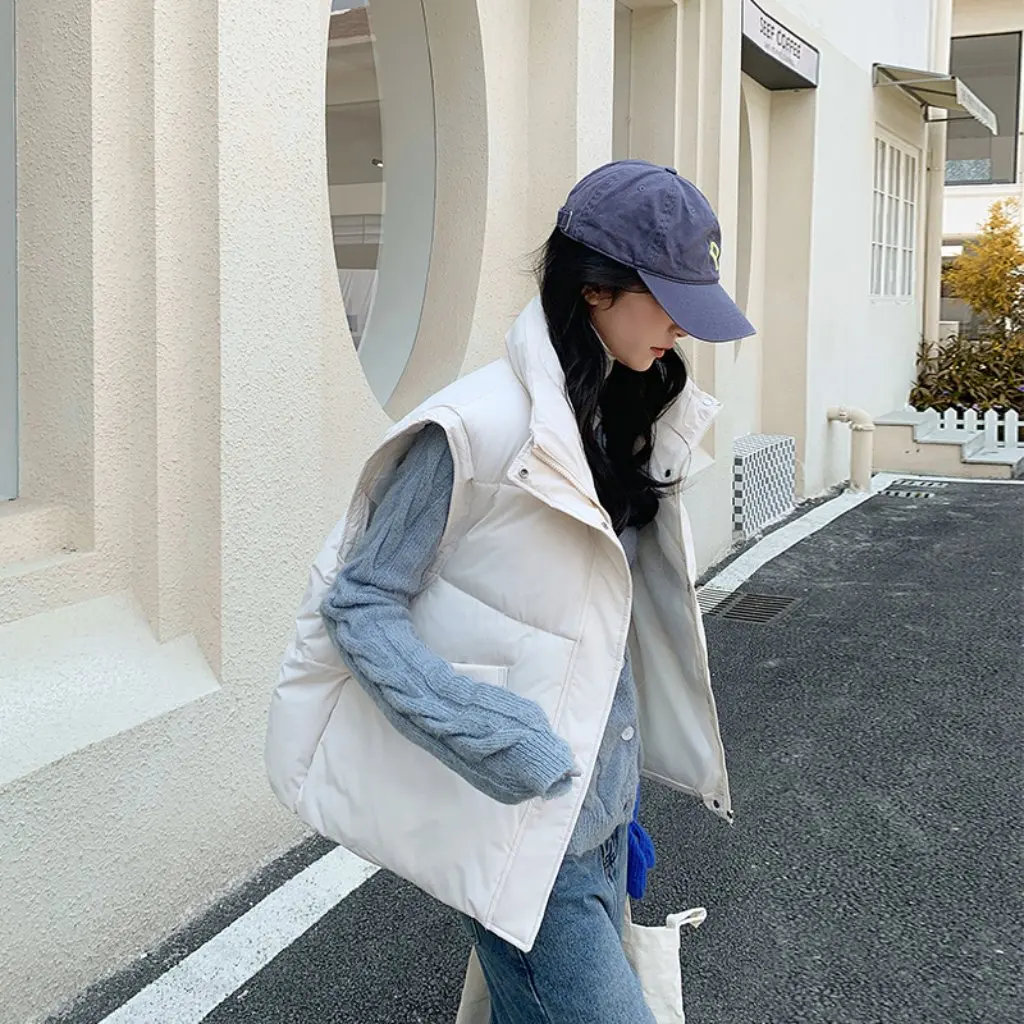 

European Style Women's Mid-Length Down Cotton Vest Autumn Winter Casual Stand Collar Warm Padded Jacket Versatile Top