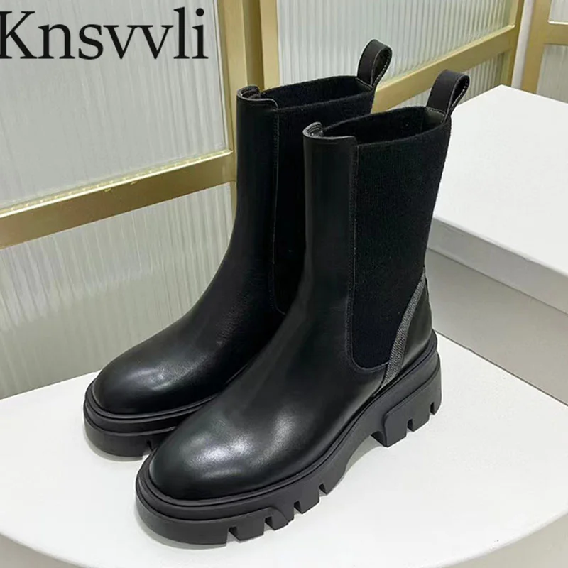 

New Thick Sole Motorcycle Boots Women Cow Suede Patchwork Short Boots Round Toe String Bead Flat Shoes Women Botas Mujer