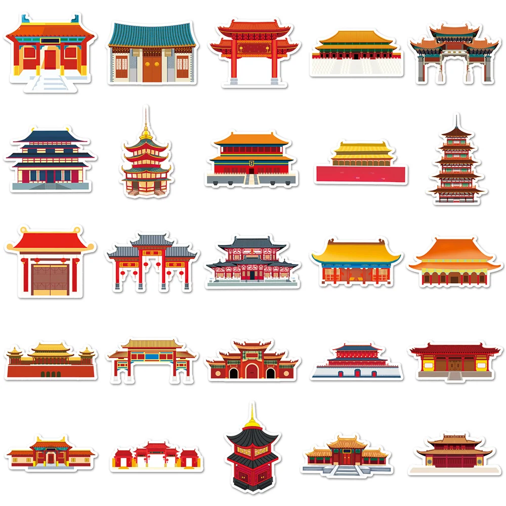 50pcs Vintage Chinese Ancient Architectural Building Sticker For Phone Ipad Stationery Aesthetic Stickers Scrapbooking Supplies