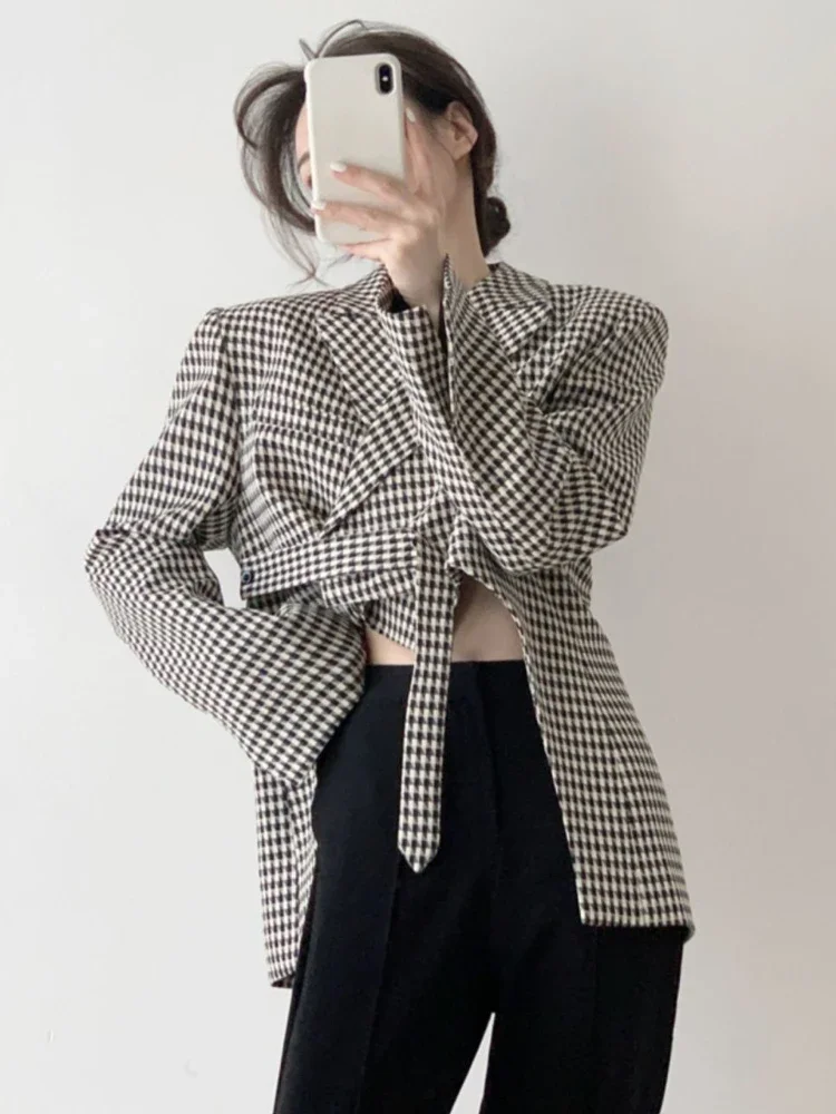 Irregular Blazers Women Temper Cropped French Elegant Plaid Streetwear Vintage Lace-up Clothing Hipsters Office Ladies Personal