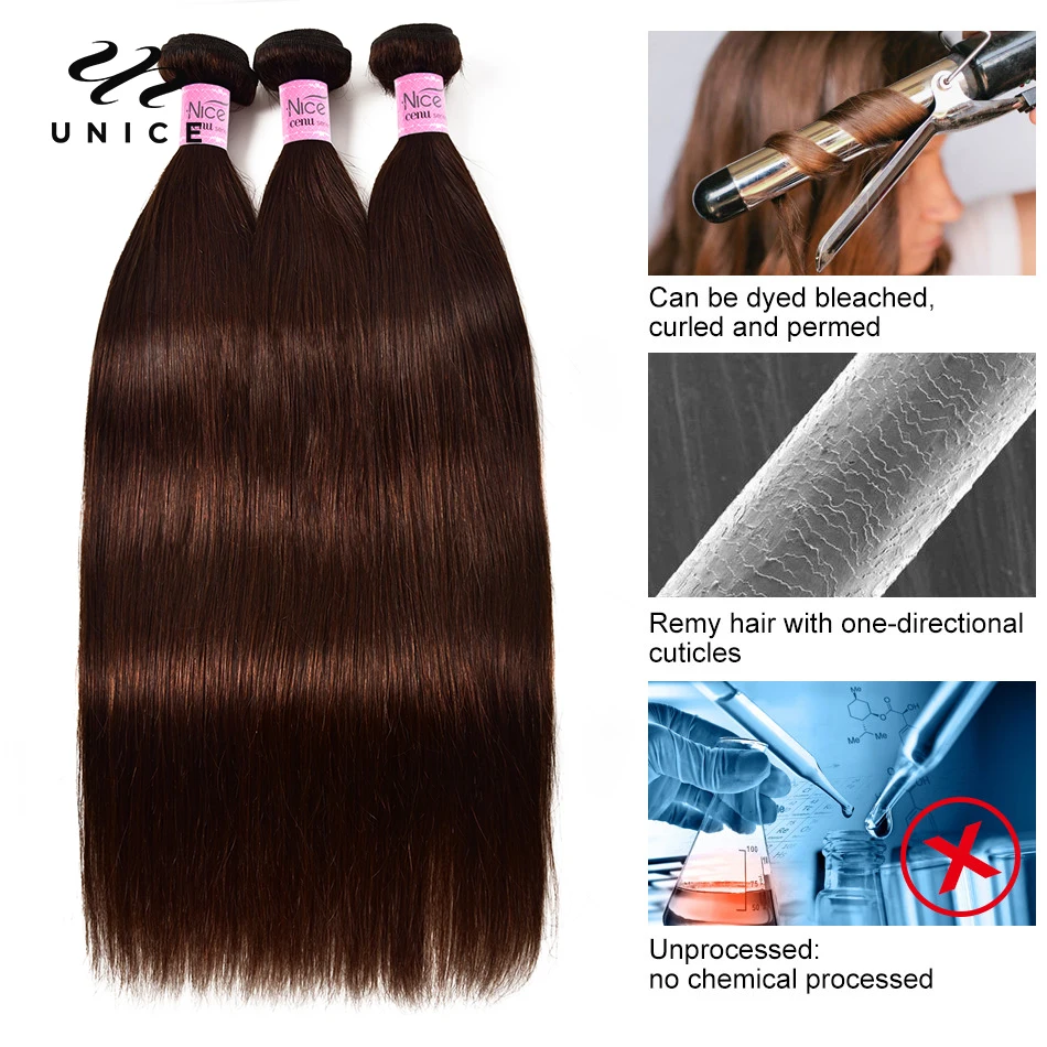 Unice Hair 2 #   4 #   Braune Haarbündel, Karamell-Highlight, brasilianische Haarwebart, Bündel, 3-Bundle-Angebote, glattes/körpergewelltes Echthaar