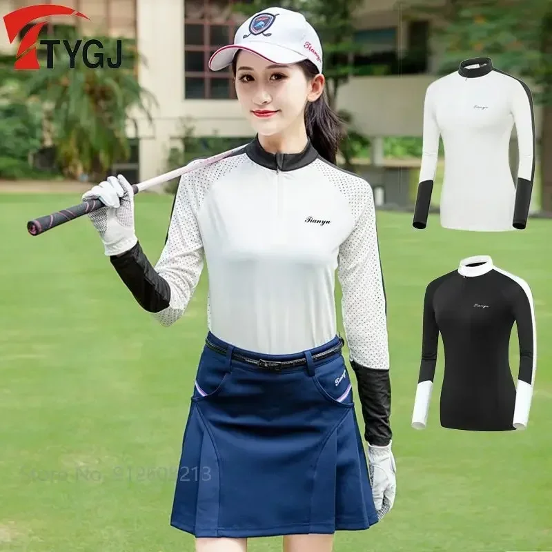 TTYGJ Female Breathable Mesh Golf Shirt Women Patchwork Long Sleeve Tops Ladies Sunscreen Anti-sweat Sport Blouse Golf Wear