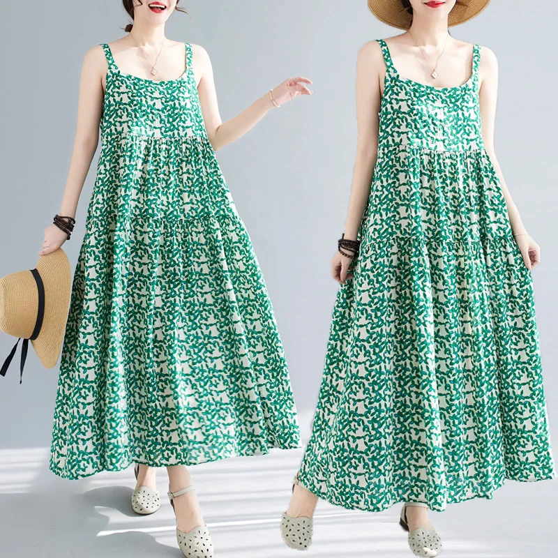 

Summer Floral Print Cotton Lin Women's Dress Loose Fit Sleeveless Gown Large Size Belted Long Dress Slimming Effect