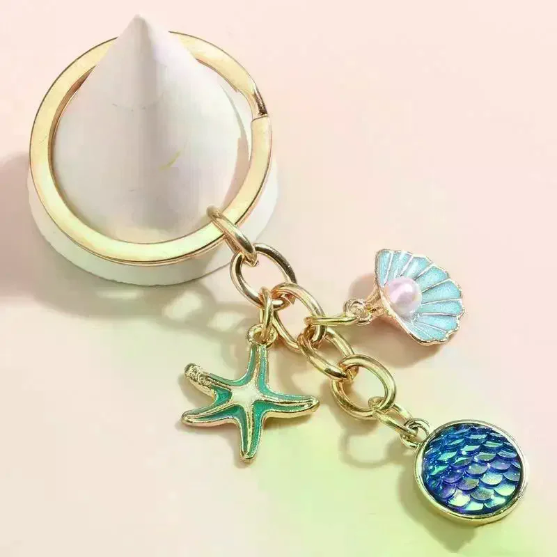 Ocean Series Seashell Conch Starfish Keychain Women Girls Keyrings Birthday Party Jewelry Gifts
