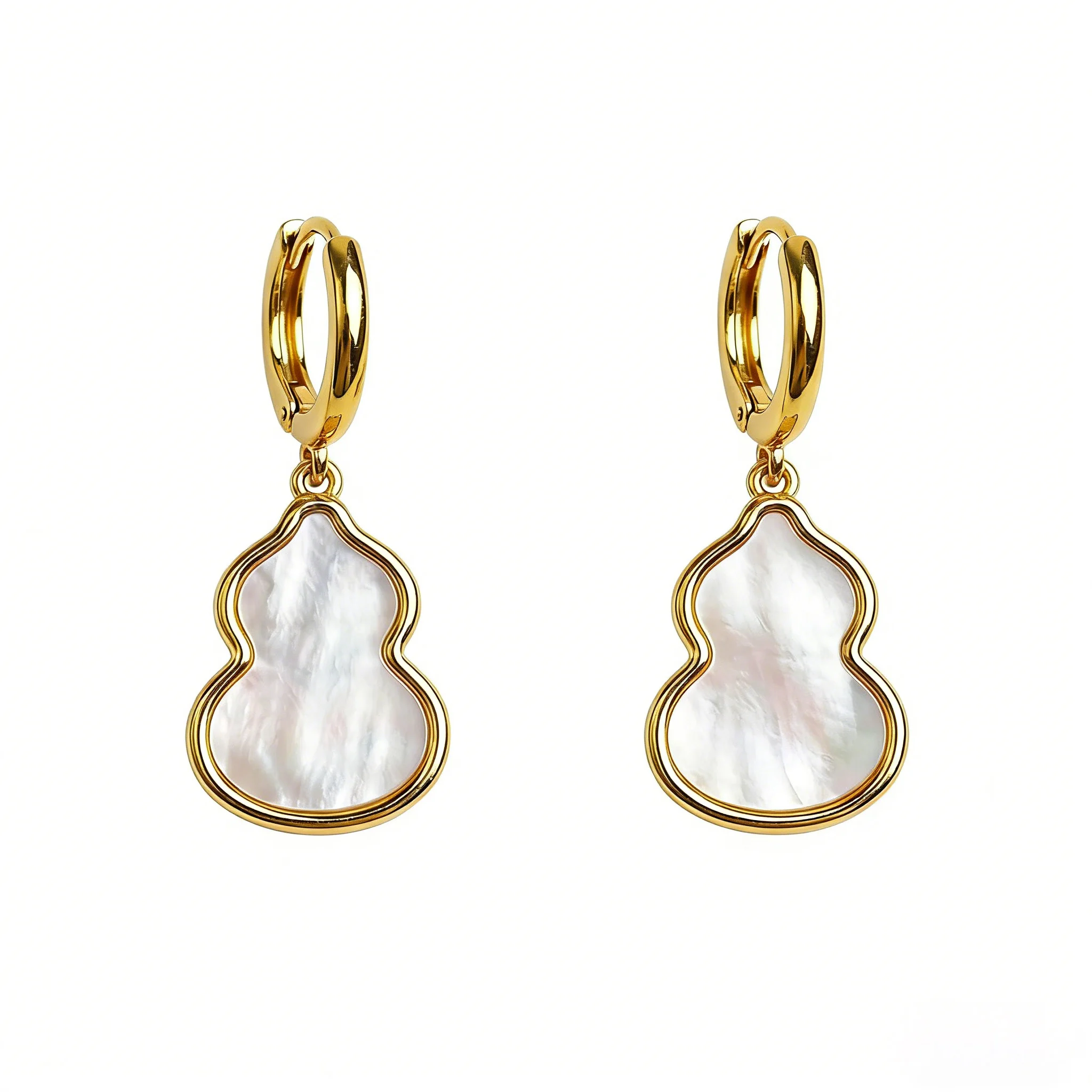 

ANNIE WU 18K Gold Plated White Mother-of-Pearl Gourd Drop Earrings Elegant Huggie Hoop Jewelry Gift for Women
