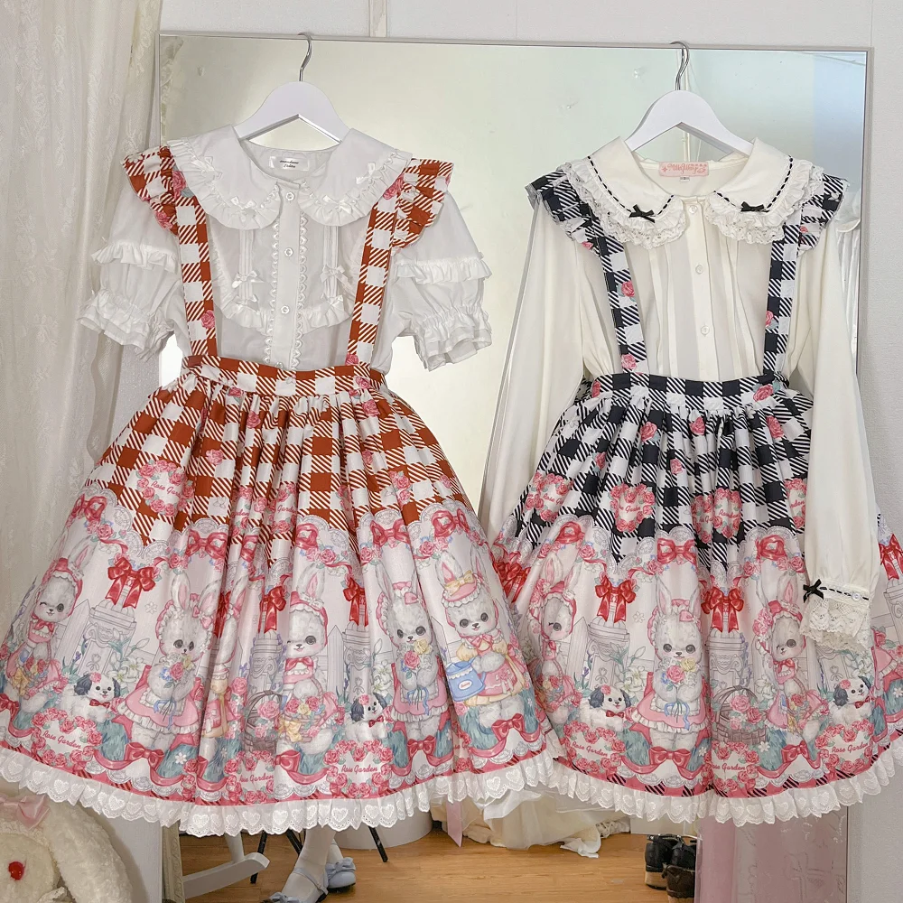 Lolita Rose Rabbit Print Dress Cute Half Skirt Short Skirt SK Strap Skirt Gothic Dress Tea Party Sweet Lolita Skirt With Shirt