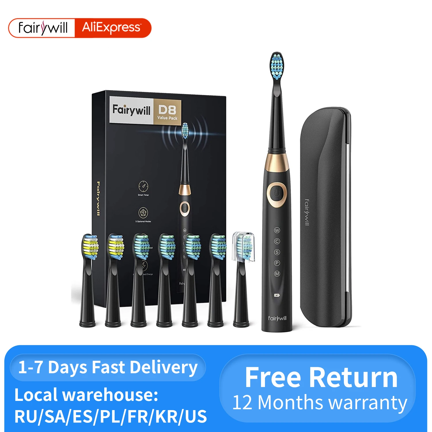 Fairywill Electric Toothbrushes for Adults Kids 5 Modes Smart Timer Rechargeable Whitening Sonic Toothbrush with 8 Brush Heads