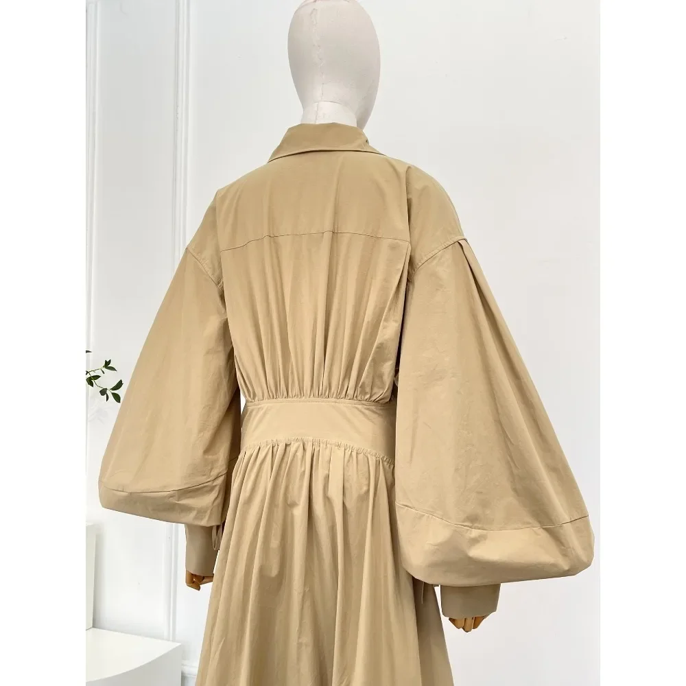 2025 feminino cáqui manga longa blusa lateral cintura gravata vestido midi de algodão