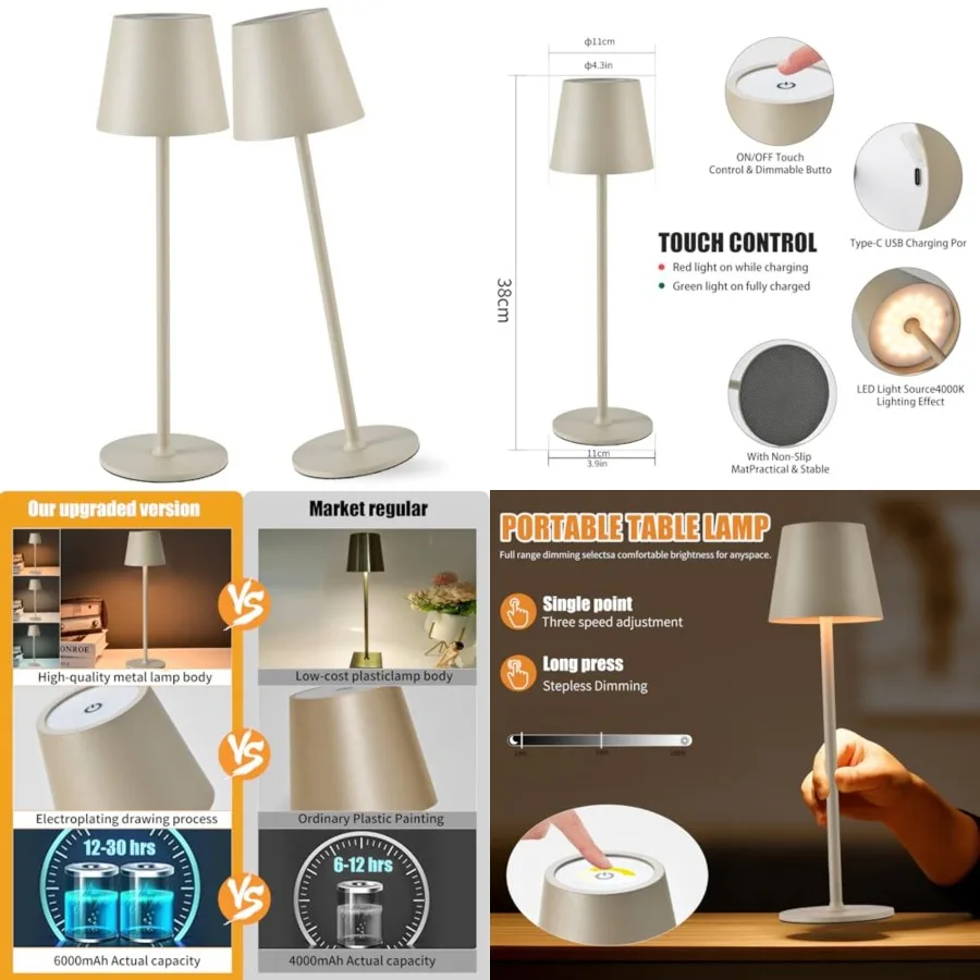 2 Pack Cordless Table Lamp, Portable LED Desk Lamp, 6000mAh Battery Operated, 3 Color Stepless Dimming Up, for Restaurant/Bedro