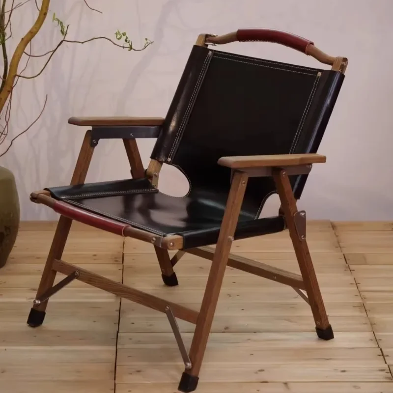 Outdoor camping folding chair Kermit chair, first layer cowhide beach lounge chair foldable