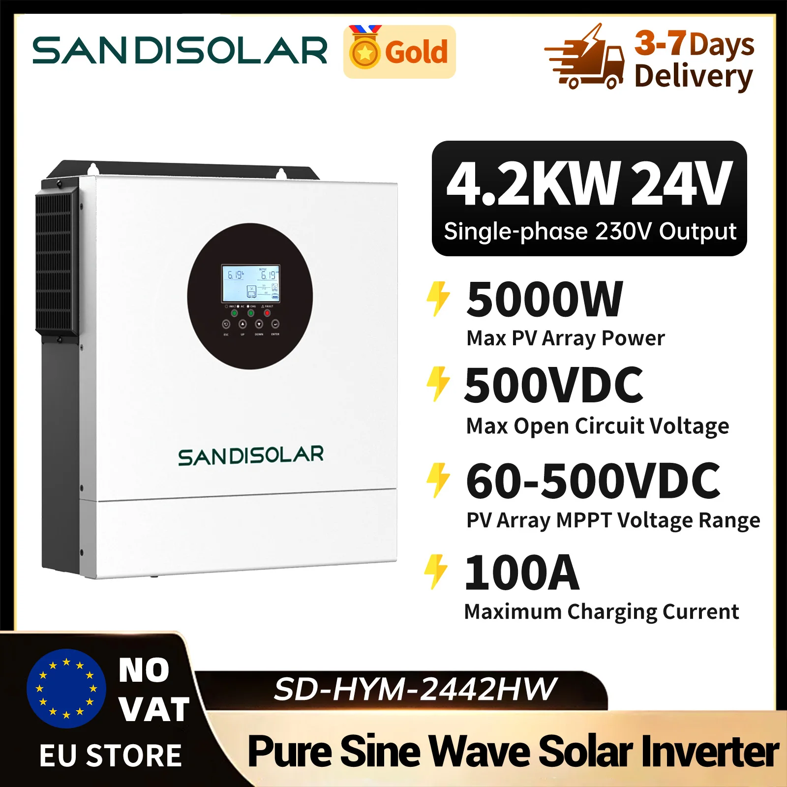 SANDISOLAR Onduleur Solaire Hybride 24V Hors Réseau 4200W MPPT Double Sortie Onde Sinusoïdale Pure 120A 230V 50/60Hz Chargeur Onduleur Solaire Entrepôts UE Sans TVA Livraison Gratuite
