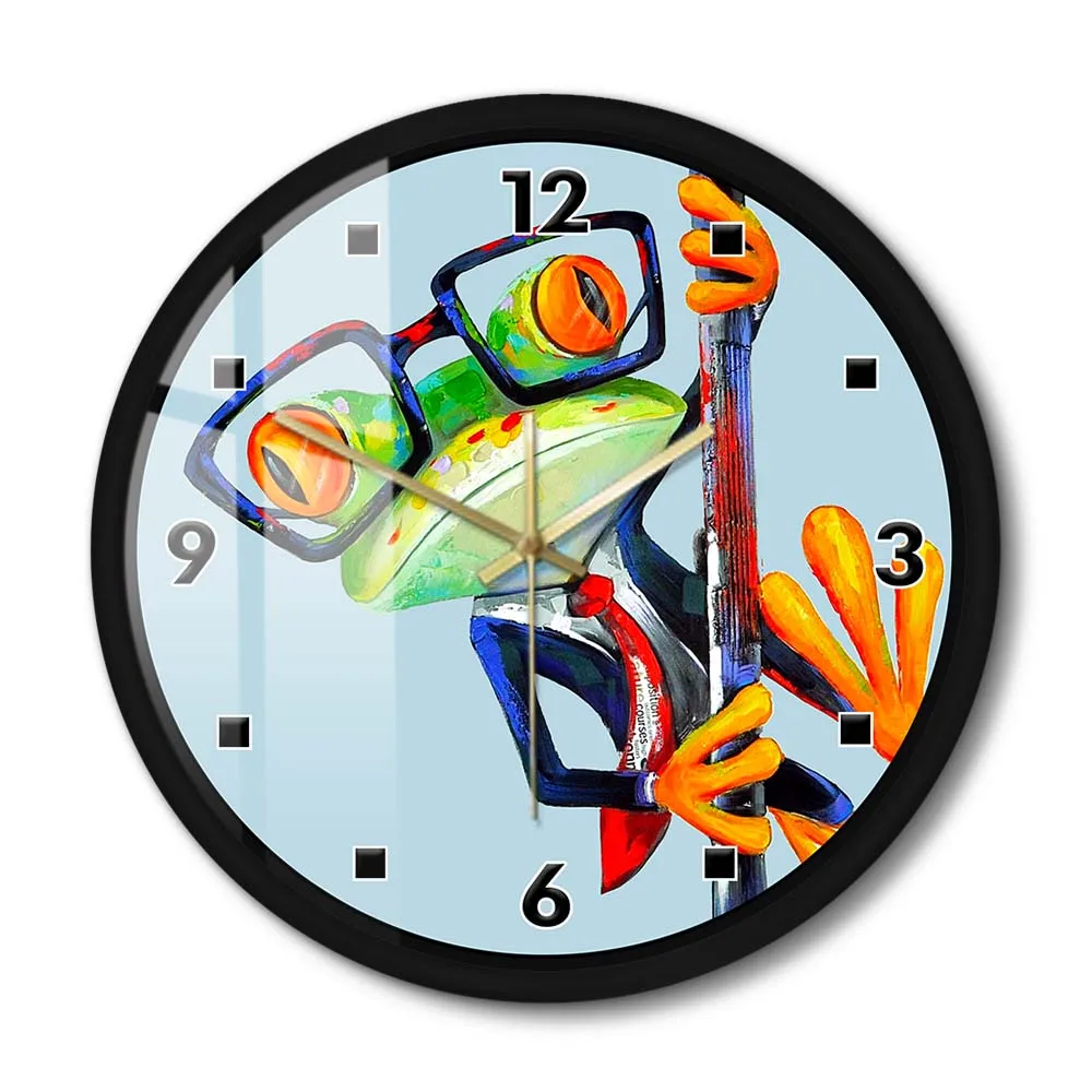 Abstract Frog Wearing Sunglasses Funny Anime Metal Frame Wall Clock Hipster Frog Modern Art Silent Wall Watch For Kid Room