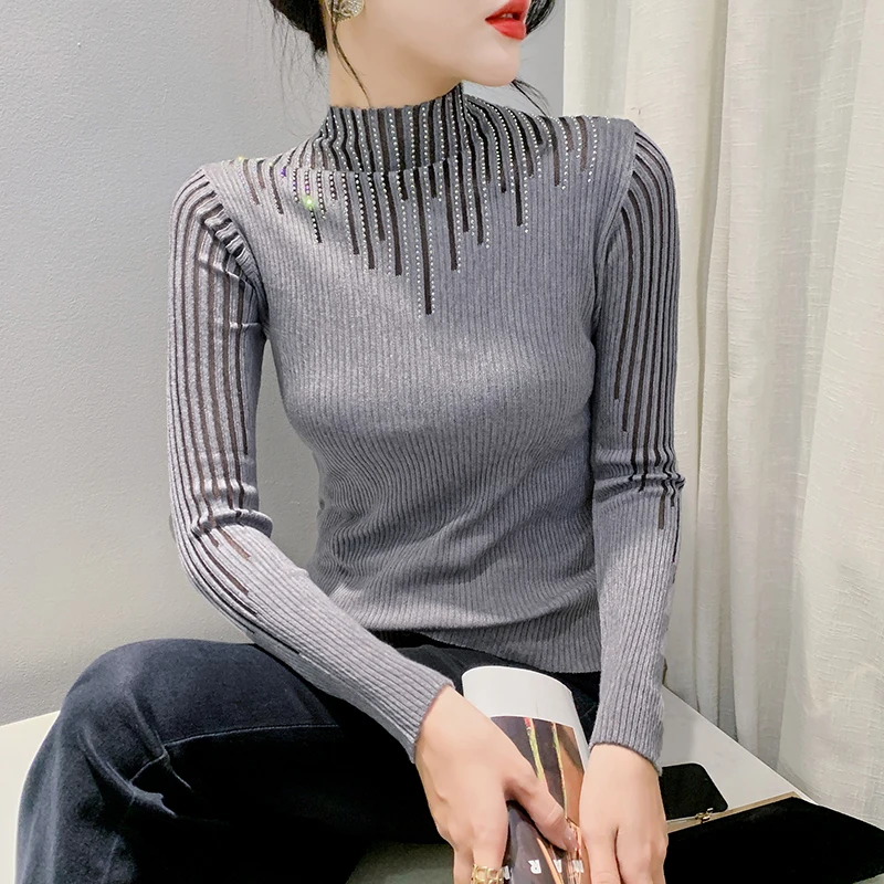 

2023 New Fall Winter Knitted Sweater Fashion Sexy Patchwork Mock Neck Shiny Diamonds Women Long Sleeve Bottoming Shirt Tops 3910