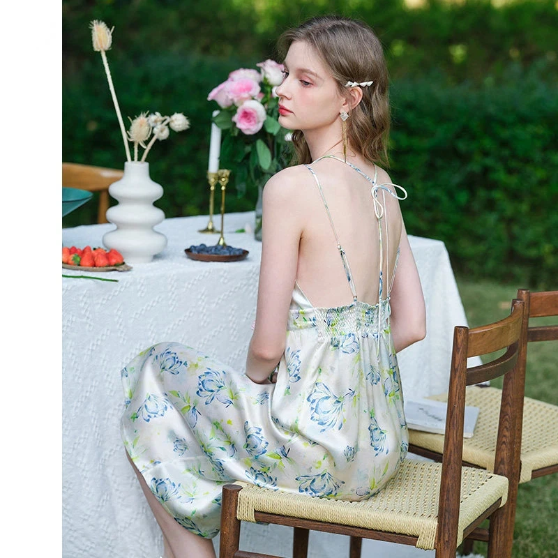 Floral Heavyweight 100% Mulberry Silk Camisole Nightdress Women Summer Chemise With Bra Sexy Midi Nightgown Versatile Loungewe