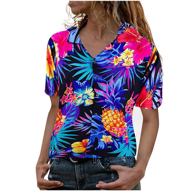 Summer Hawaiian Tropical Floral Shirts 3D Print Women Short Sleeve Shirt Button Blouses Harajuku Oversized Tops Woman Clothing