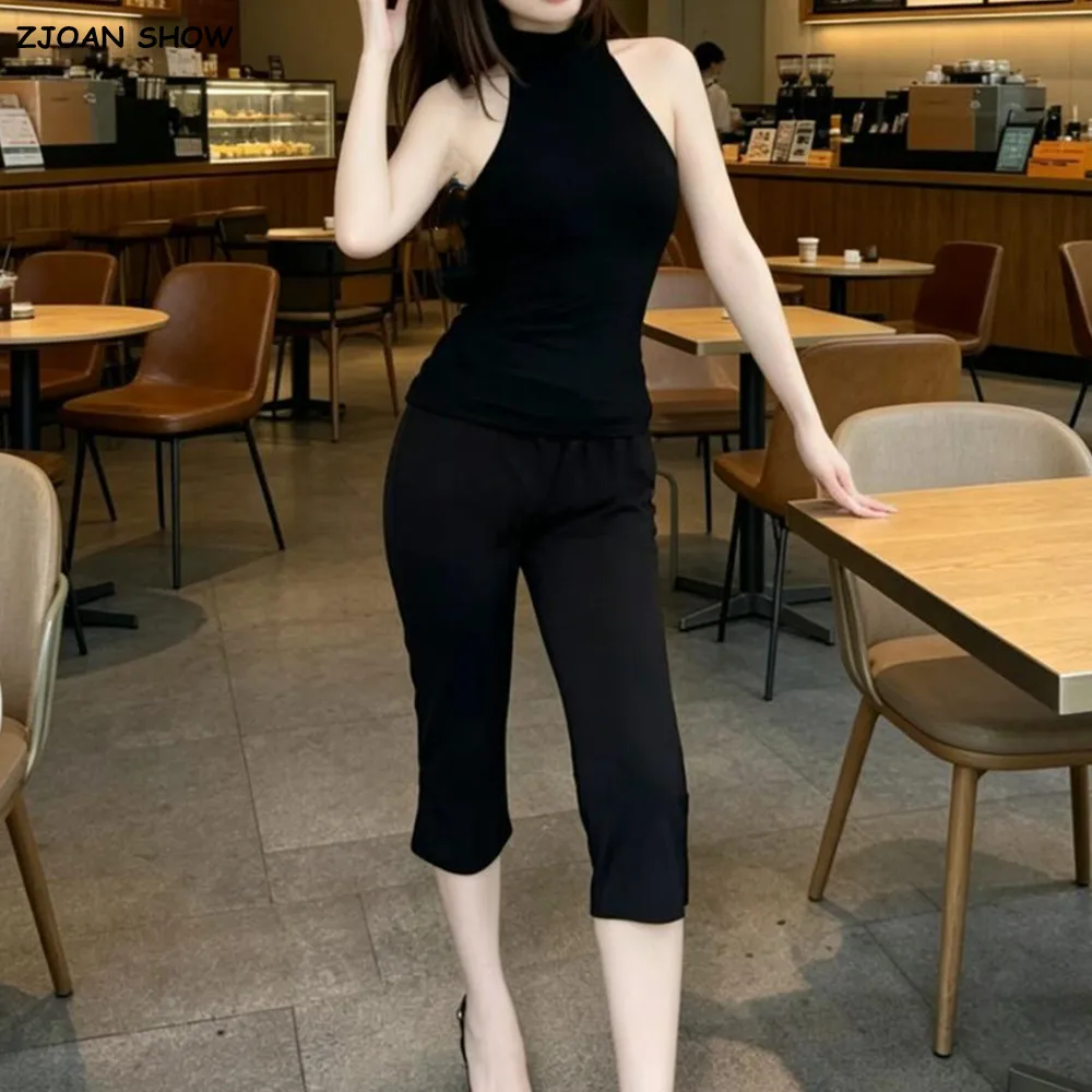3 Colors American Retro Elastic Waist Calf Length Pants Woman Slit Cuff Stretch Capris Slim Skinny Trousers Legging Bottom Black