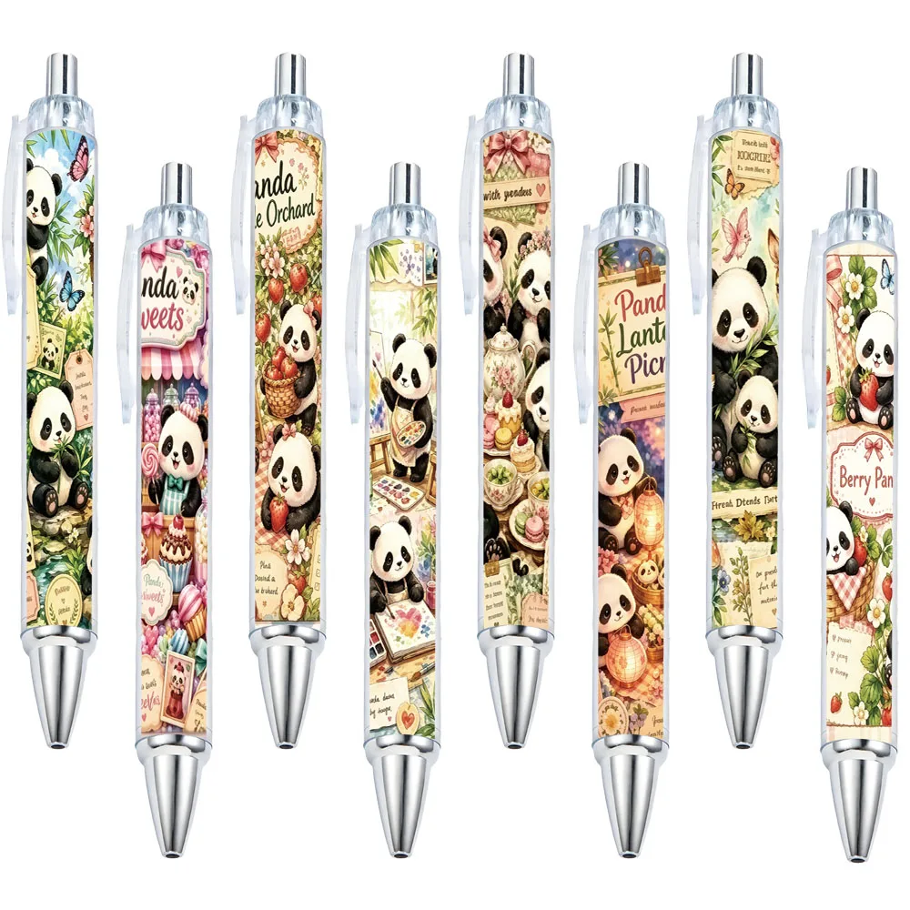 8pcs Watercolor Panda-themed Push-button Neutral Pens, School Supplies for Students, Gift Pens with Random Designs