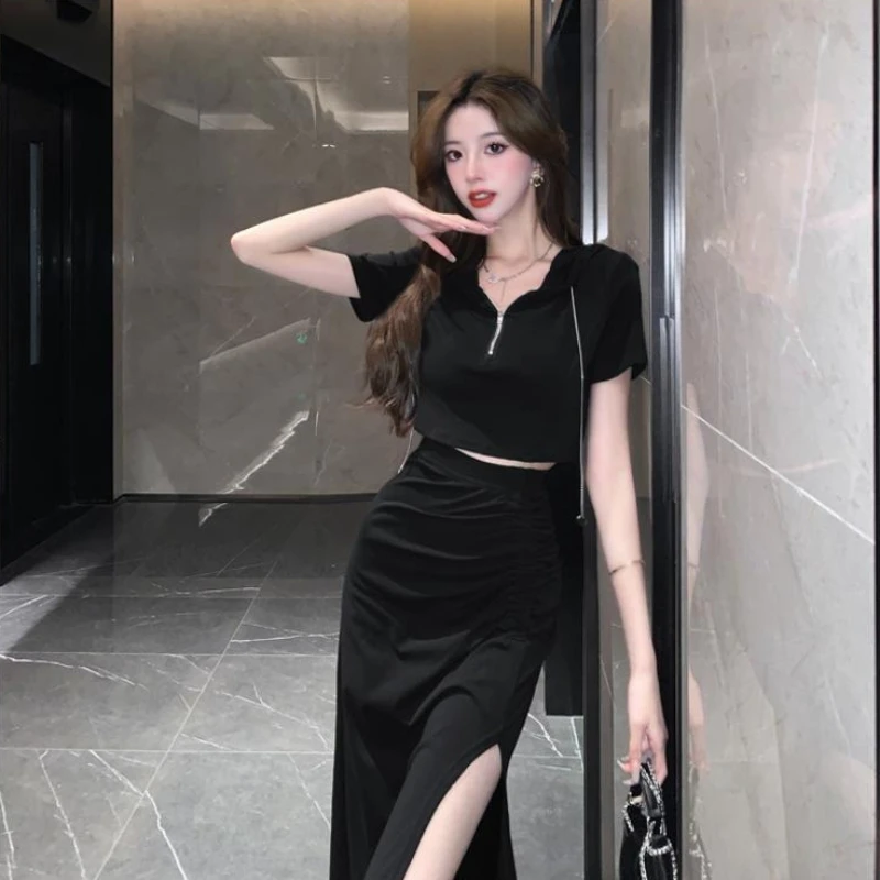 

Sweet Spicy Pure Desire Women Summer New French Hooded Short Sleeve Split Midi Skirt Fashion Two Piece Outfit