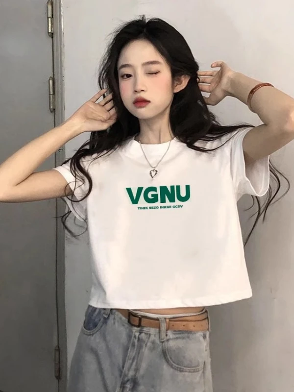 

Белая женская футболка с коротким рукавом, летняя новинка, укороченный топ с высокой талией в корейском стиле, облегающий крой, смесь хлопка и полиэстера
