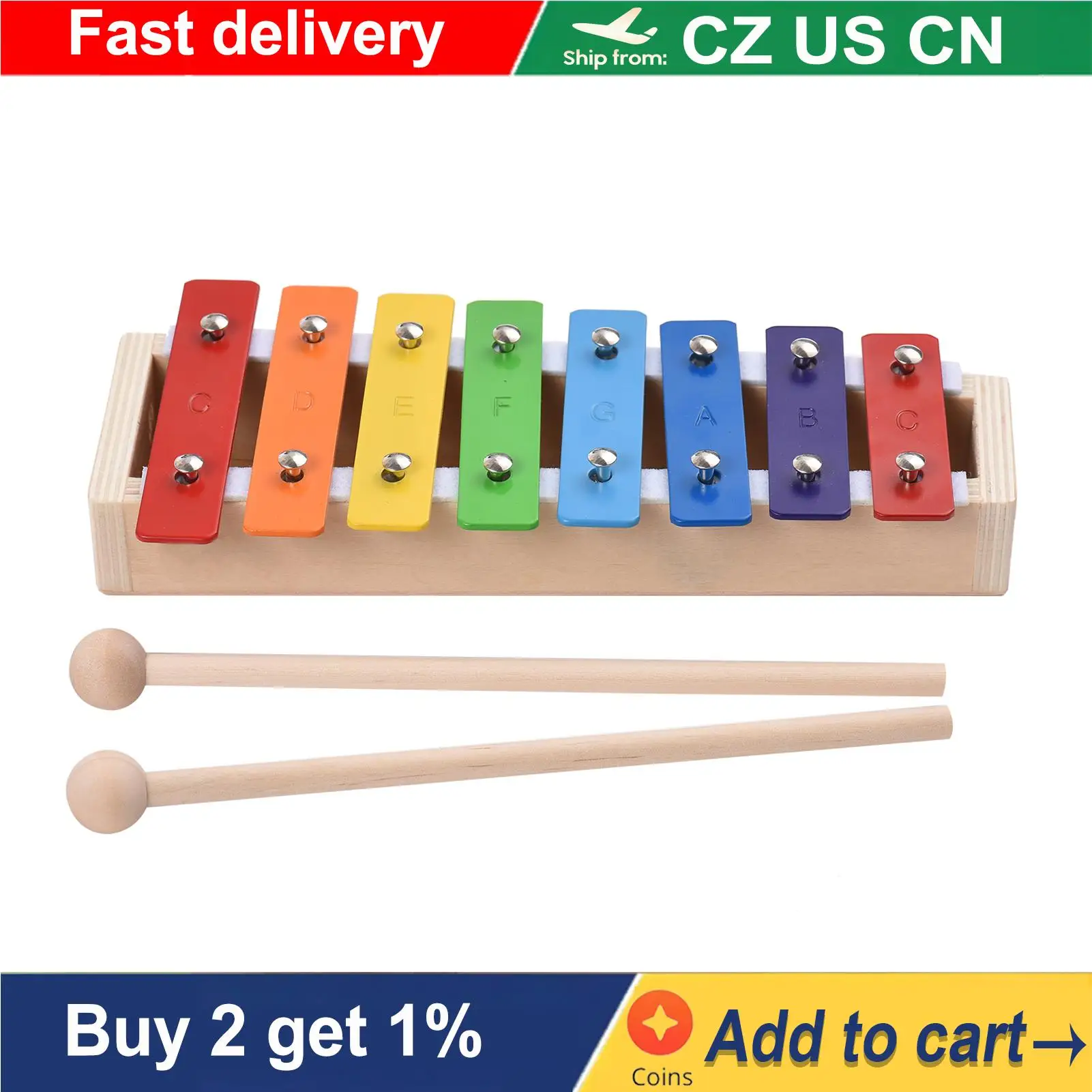 8 Keys Compact Size Xylophone Glockenspiel with Wooden Mallets Percussion Musical Instrument Toy Gift for Kids Children Students