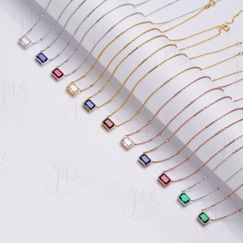 Lab Grown Gems Emerald Cut Moissanite Lab Ruby Emerald Sapphire Jewel 925 Sterling Silver Plated 18K Pendant Necklace Jewelry