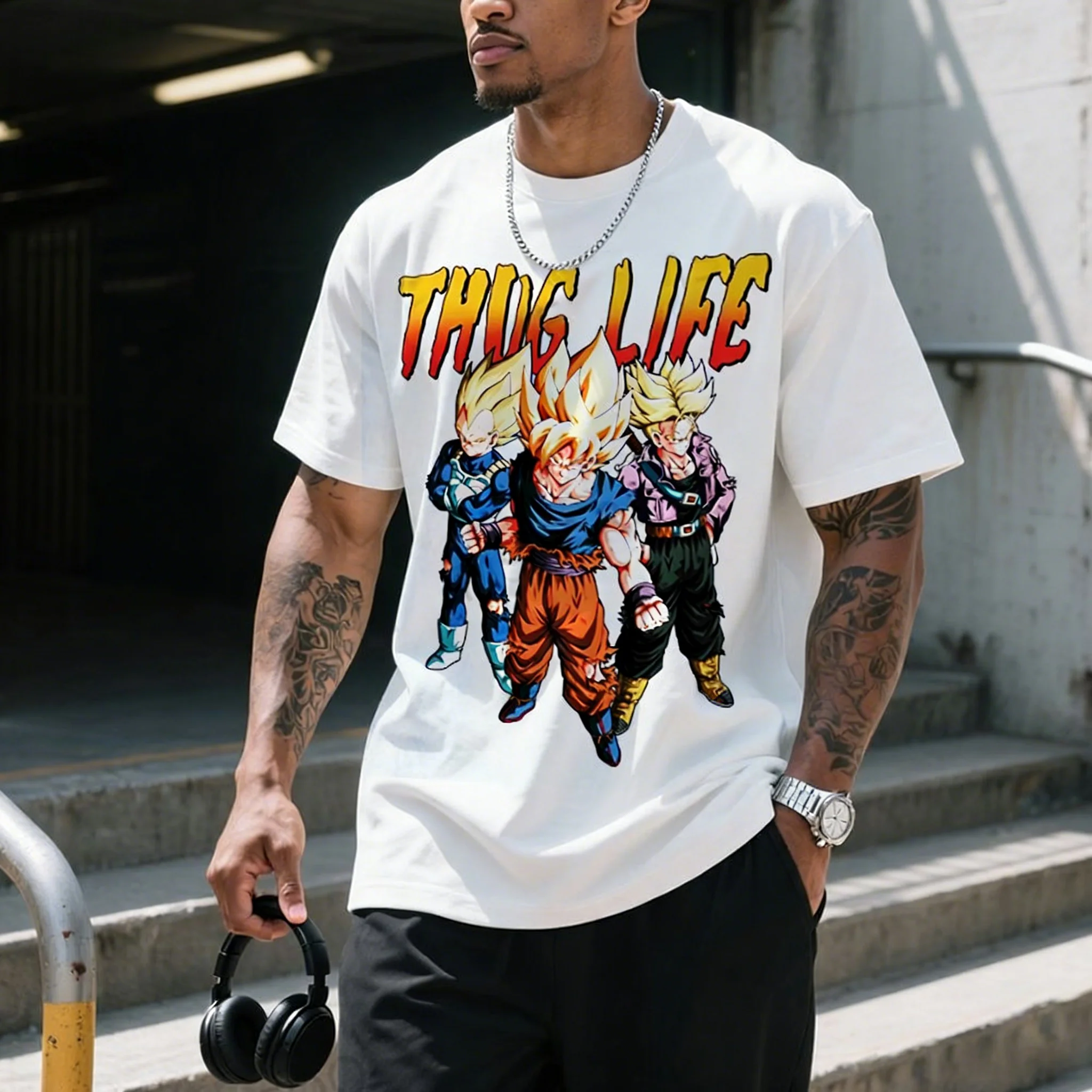 Dragon Ball Anime Merchandise Bedrucktes Rundhals-Kurzarm-T-Shirt von Bandai für Frühling/Sommer, Amerikanischer Herren-Freizeit-Fitness-Baumwoll-T-Shirt