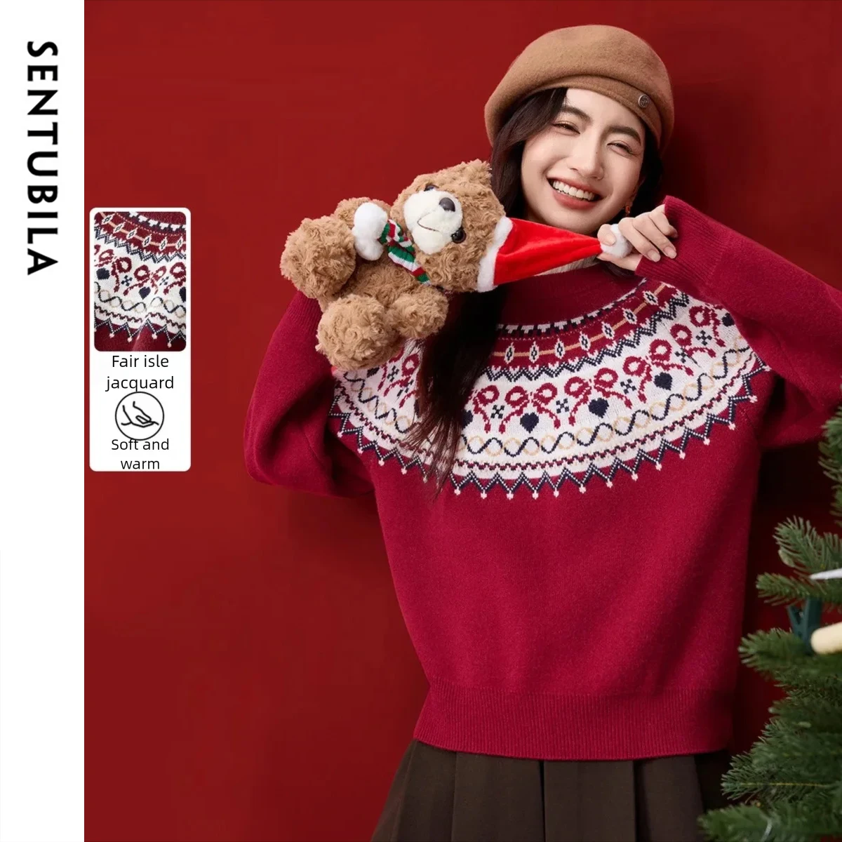 

SENTUBILA Christmas Fair Isle Sweaters for Woman 2025 Autumn Knitted O-neck Pullover Soft Jumper Female Clothing Tops W53EE3469