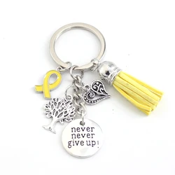 10PCS Lot Wholesale New Yellow Ribbon Endometriosis Awareness Keychains Keyring Never give up charms key chain Jewelry Gifts