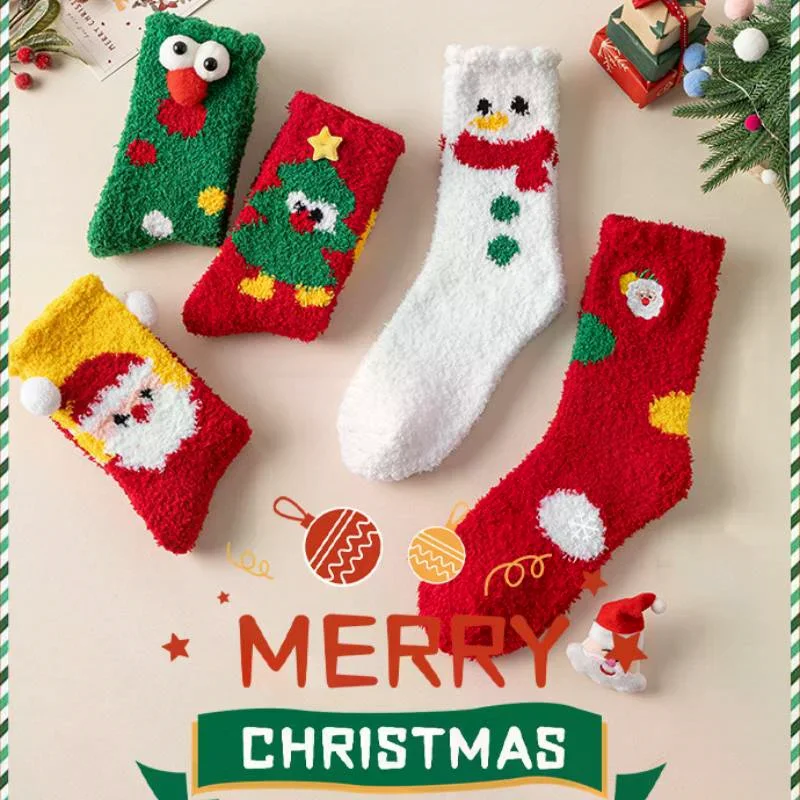 

Зимние коралловые бархатные рождественские носки, женские мягкие утолщенные теплые носки с рисунком милого Санта-Клауса, детский рождественский подарок, напольные носки для сна