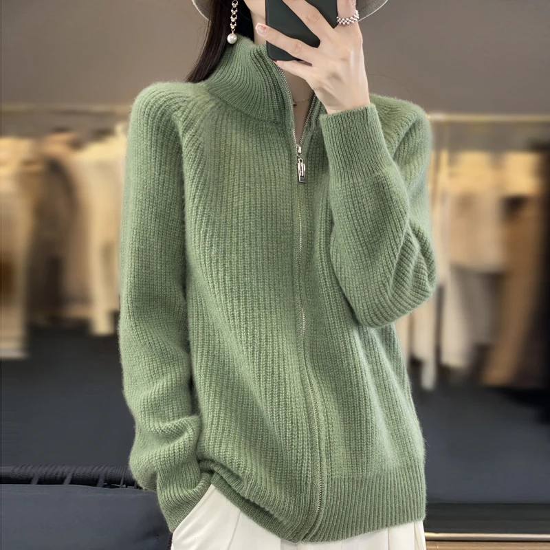 Autumn/Winter new women's sweater 100% Merino wool turtleneck zip-up cardigan Fashion light luxury warm bottom knit shirt