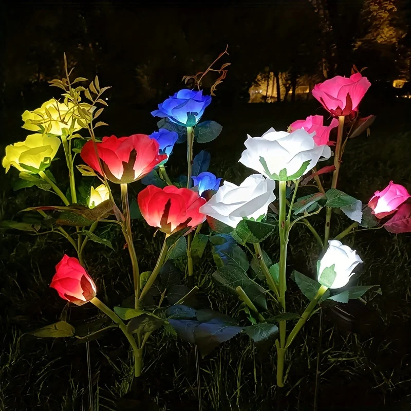 5Pack Garden Solar Decorative Light Outdoor Waterproof Realistic Artificial Rose Flower for Backyard Pathway Porch Step Memorial