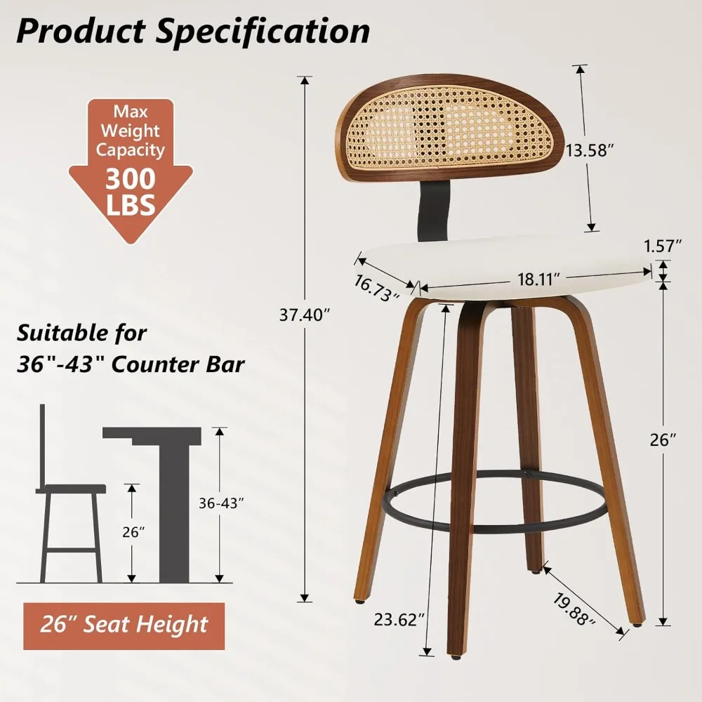 Kursi Bar Tinggi Konter Putar Set 2, Kursi Bar Berlapis 26 "Kursi Bar dengan Punggung Rotan, Bingkai Bentwood Ba Modern Abad Pertengahan