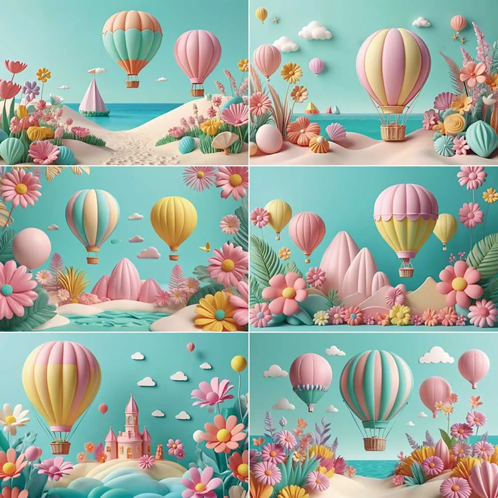 

MOON.QG Hot Air Balloons Backgrounds Flowers Tropical Scenery Backdrops Customized Party Decoration Photocall Props