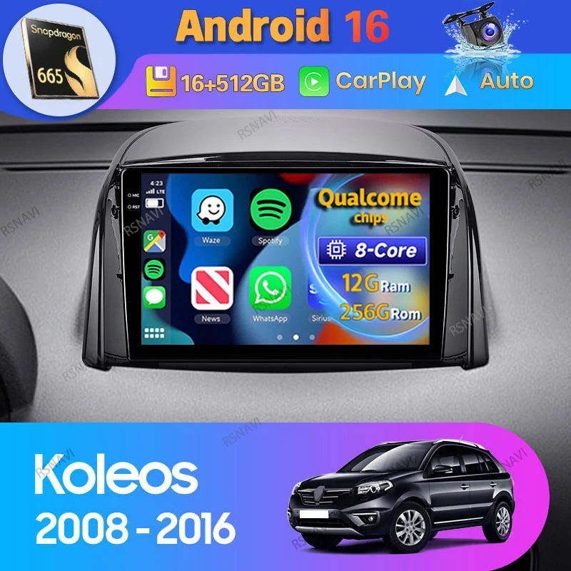 Android 16 Carplay Auto DSP For Renault Koleos 2008 2009 - 2016 Car Radio Navigation DVD Video Player 2 Din Stereo Head Unit GPS