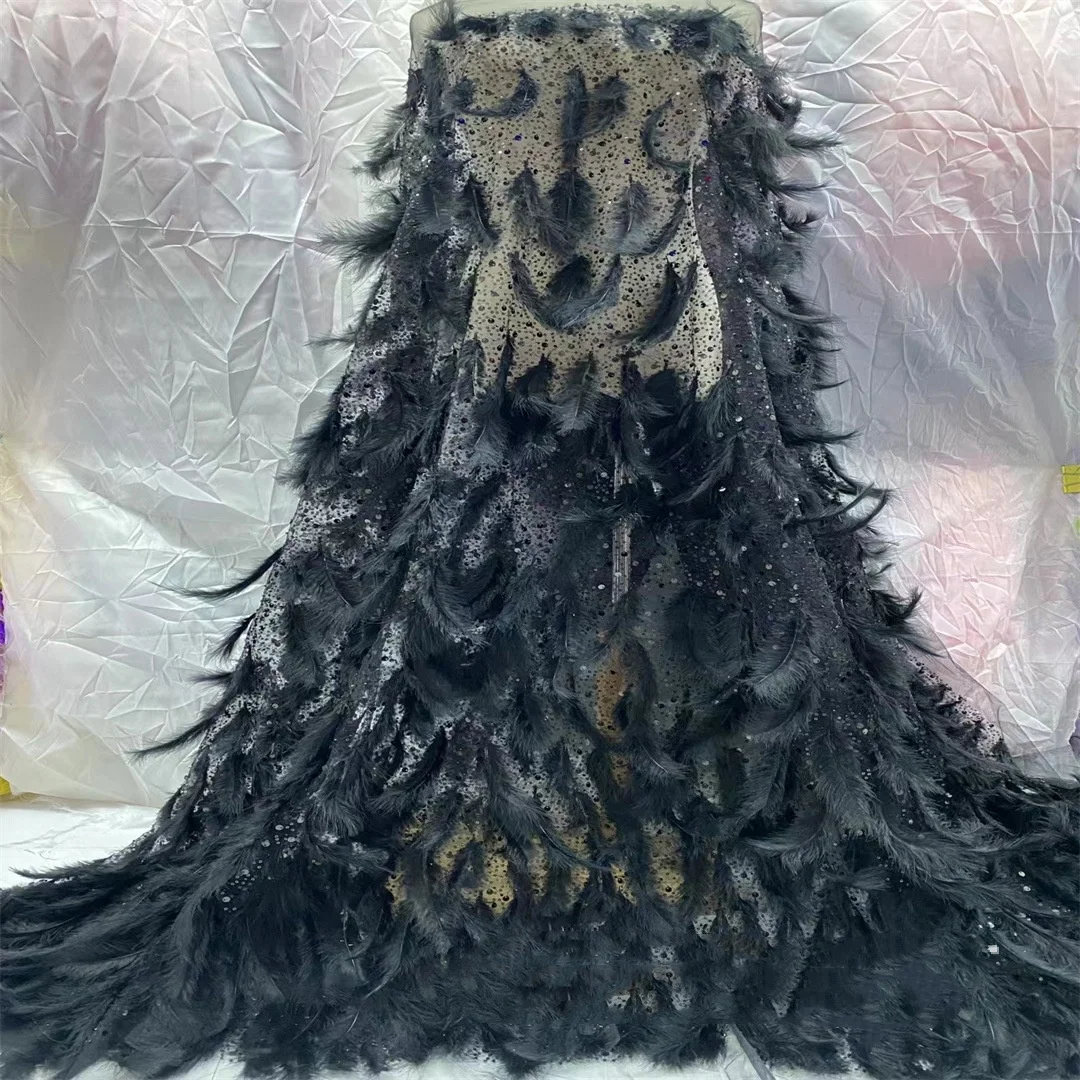 8 Colors High Quality Ostrich Feather Shinny Embroidered Rhinestone Crystal Fabric French Tulle Party Evening Dress Material