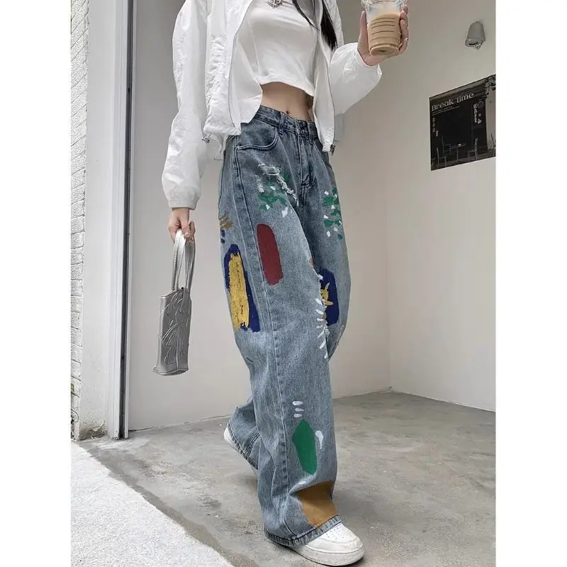 Women Jeans High Waist Splicing American Fashion Y2k Pants Look Thinner Student Woman Trousers Shorts Women's Denim Tear Hosen