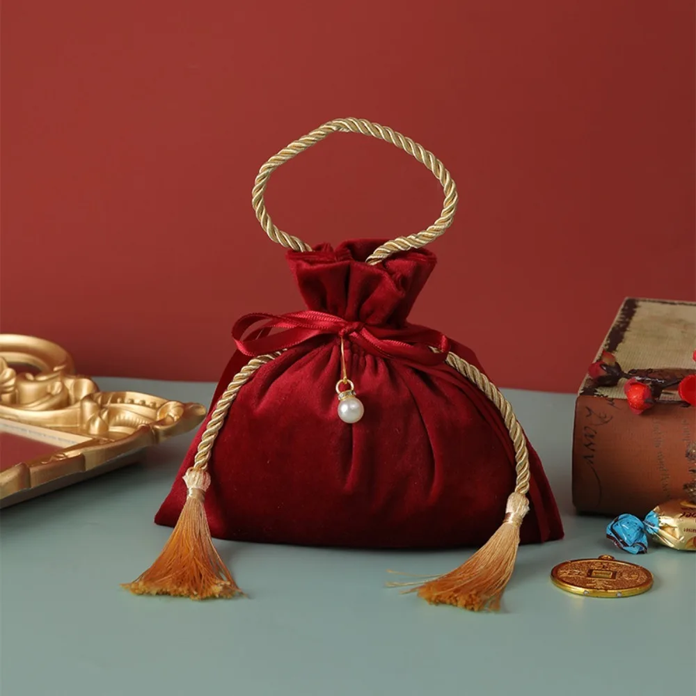 Velvet Sweets Chocolate Packing Bag Large Capacity Red Wedding Candy Packaging Bags Convenient Lifting Drawstring Pouch Handbag