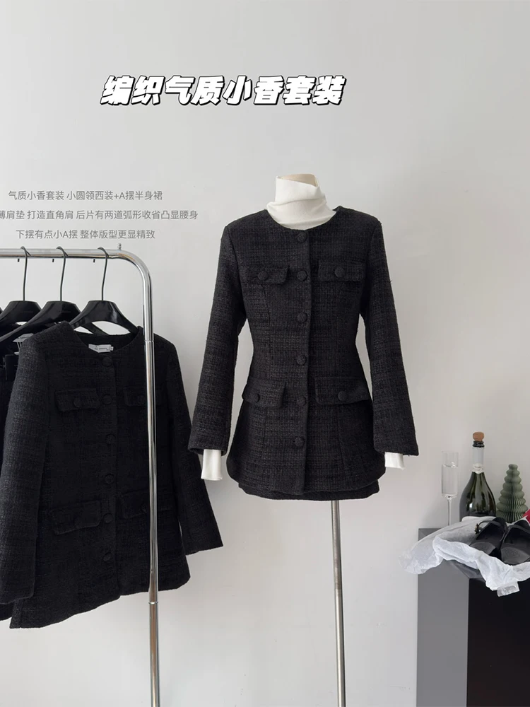 Women New Matching Sets Vintage A-Line Skirts and Long Sleeve Luxury Coat Harajuku Y2k Two Piece Suit Skirts Sets 2000s Clothes