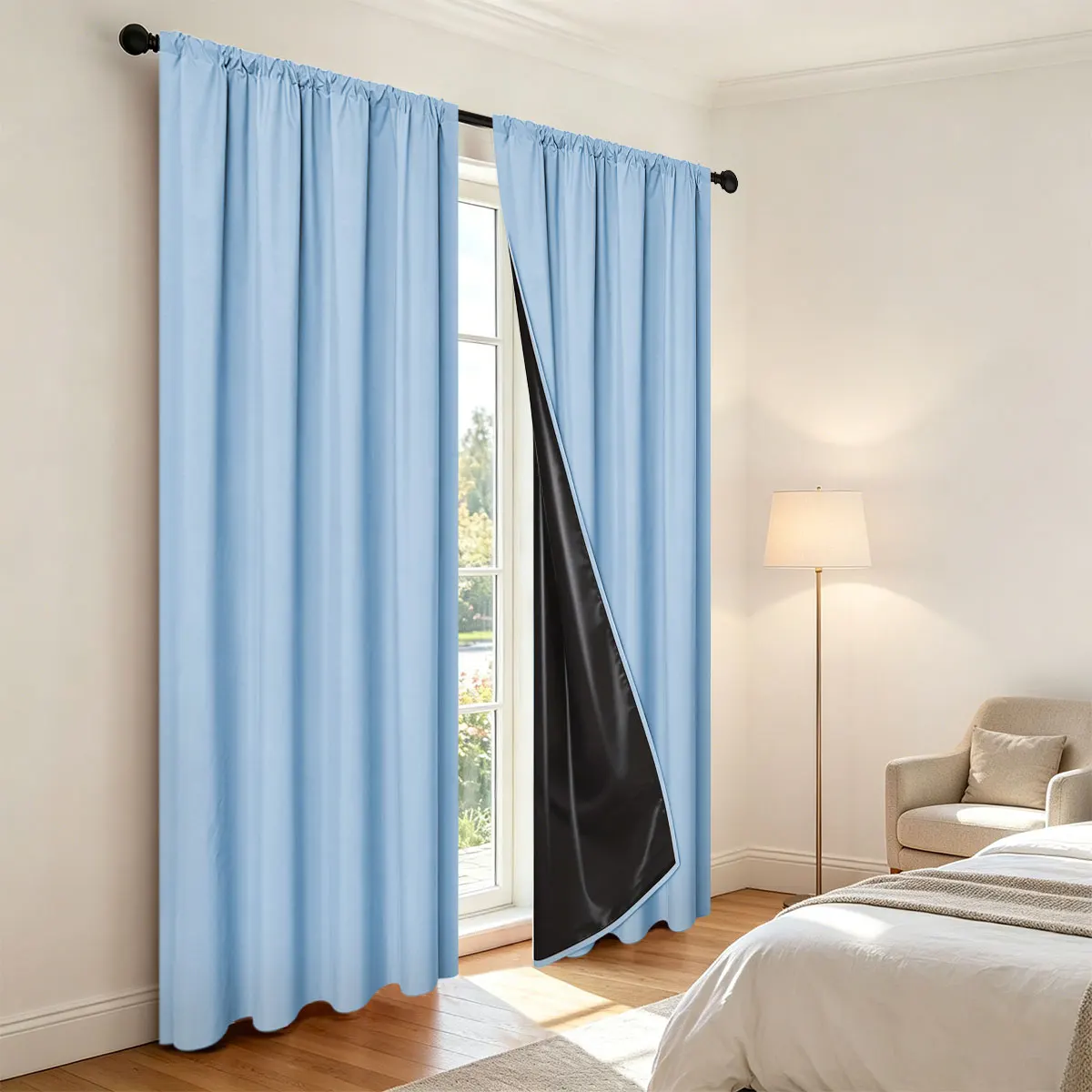 2 Panels Sky Blue Full Blackout Window Curtains, Thermal Soundproof Black Liner Drapes for Bedroom Living Room