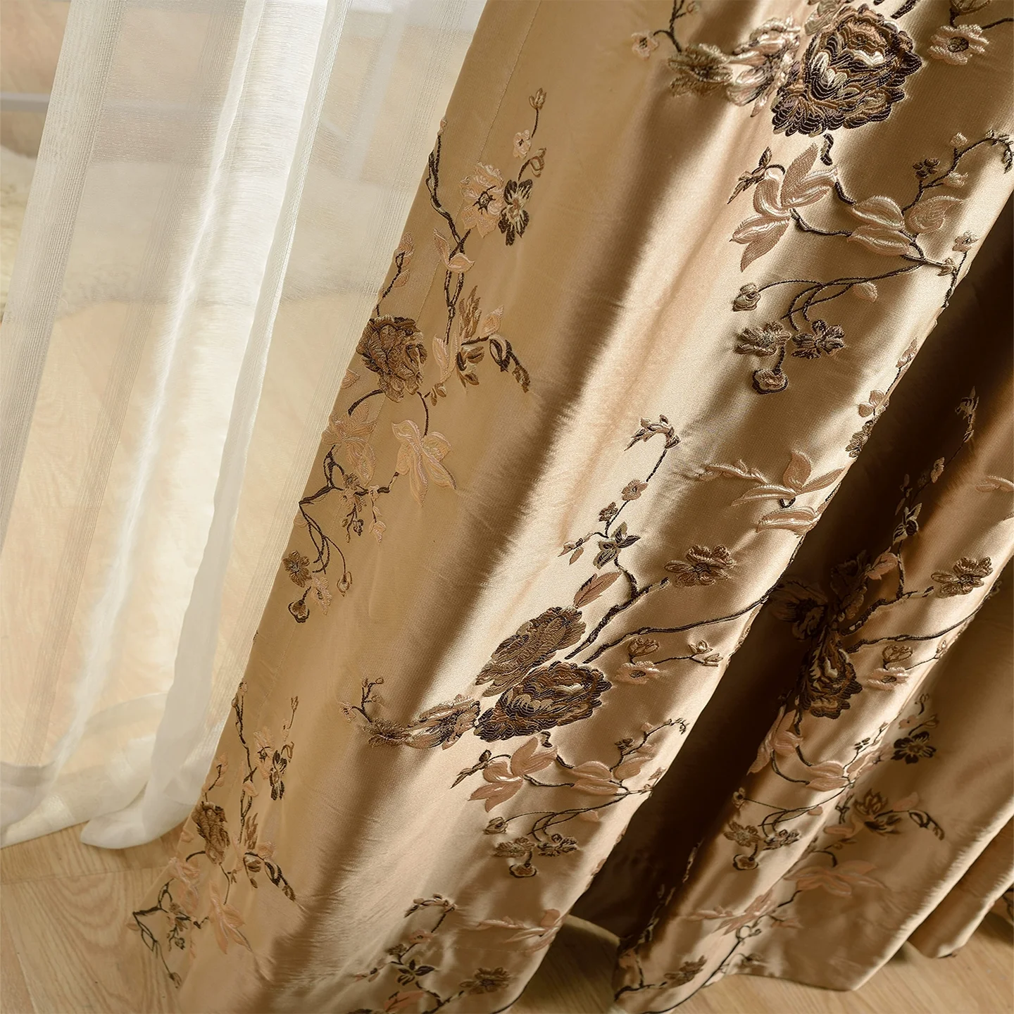 Cortinas de lujo europeas bordadas de color marrón dorado para sala de estar, dormitorio, comedor, Jacquard de precisión de satén de imitación opaca