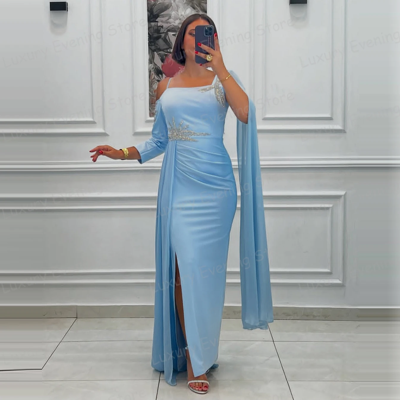 

Luxury Blue Evening Dresses Woman's Mermaid Sexy Shiny Appliques Party Prom Gowns Backless Fashion Vestidos De Novia Customized