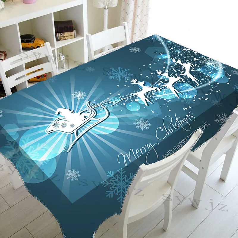 Hot Sale Rectangular Santa Claus Tablecloth Christmas Eve Blue New Year Home Party Stain Resistant Wedding Decor Tablecloth