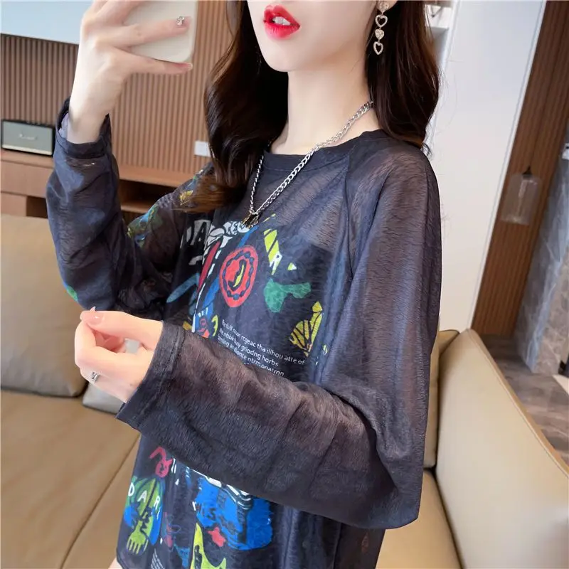 Women with Versatile Long-sleeved T-shirts for Summer Flavor Niche Loose Tops for Bottoming Shirt Chiffon Clothes for Summer