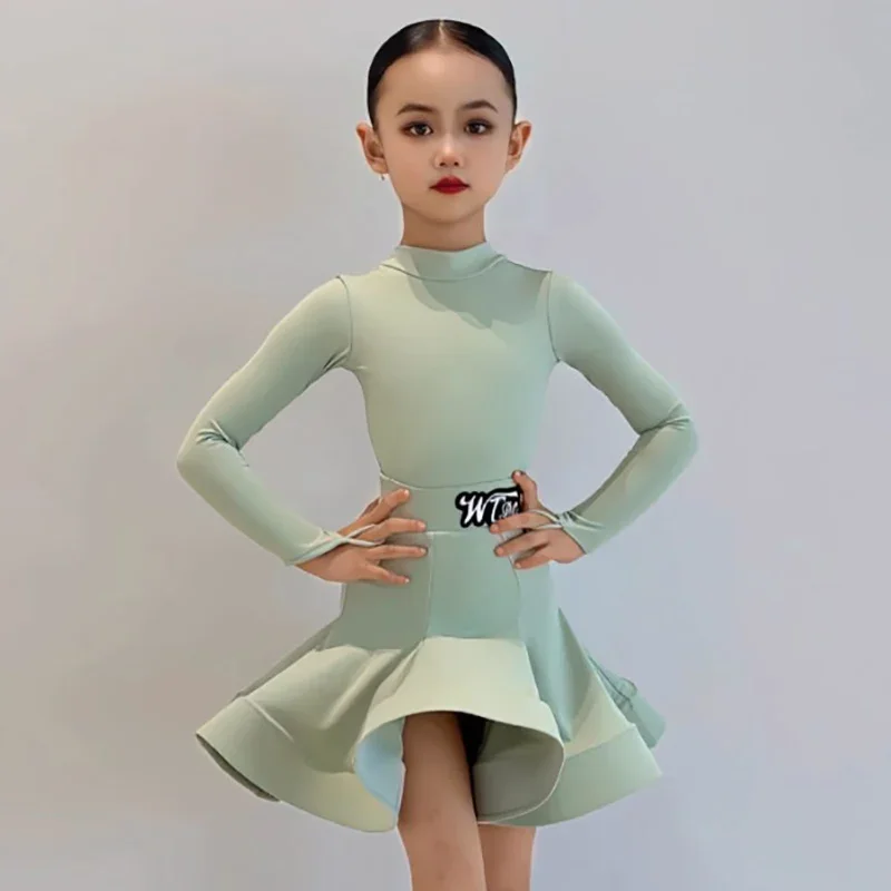 

Kids Girls Latin Dance High Collar Long Sleeve Bodysuit and Fishbone Large Skirt Set Art Exam Performance Class Dancewear